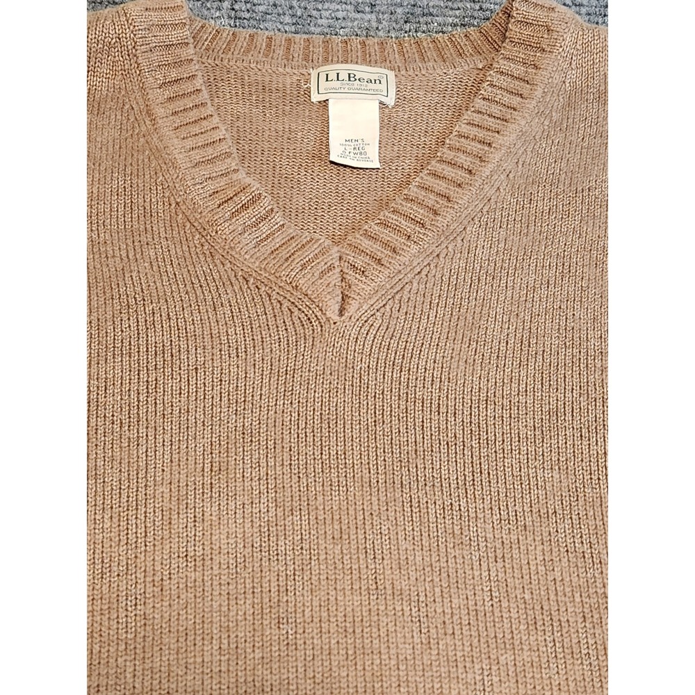 LL Bean Mens V-Neck Sweater Vest Tan Brown 100% Cotton Knit Large L-REG 0FW80 - Picture 3 of 6